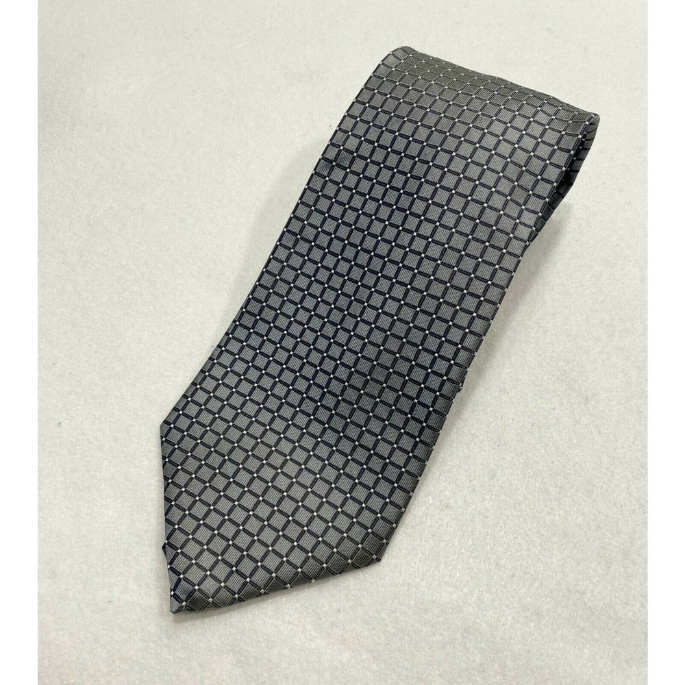 Savile Row Men's‎ 100% Silk Necktie Tie Silver Gray Geometric Square Pattern USA